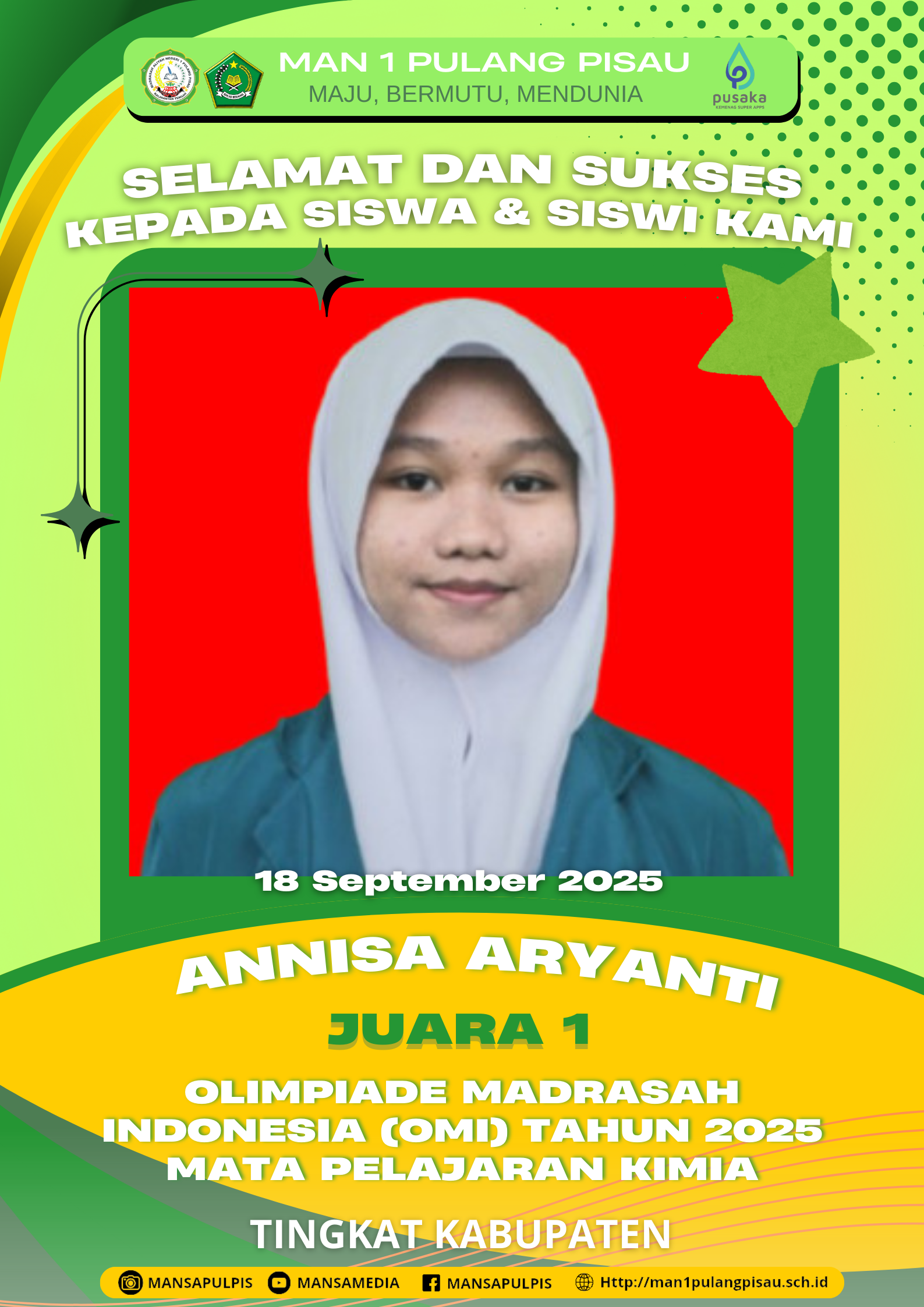 SISWI MAN 1 PULANG PISAU PLUS KETERAMPILAN BERHASIL MERAIH JUARA 1 OLIMPIADE MADRASAH INDONESIA (OMI) TAHUN 2025 MATA PELAJARAN KIMIA TINGKAT KABUPATEN