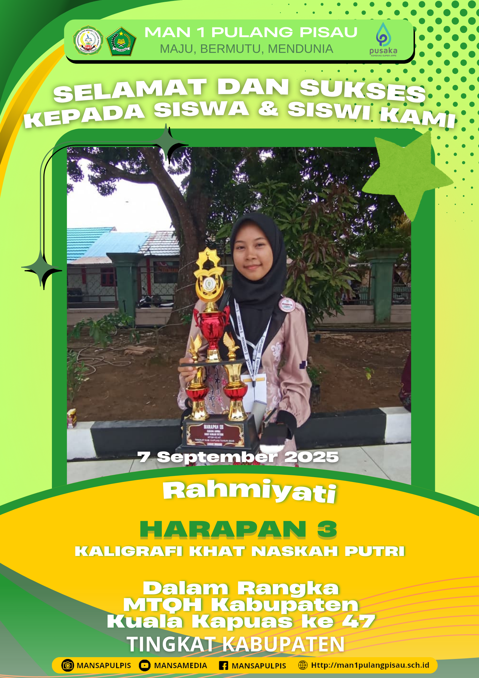 SISWI MAN 1 PULANG PISAU PLUS KETERAMPILAN BERHASIL MERAIH JUARA HARAPAN 3 DALAM MTQH KE-47 TINGKAT KABUPATEN KUALA KAPUAS